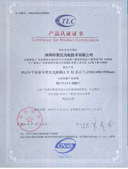 China YINGDA TECHNOLOGY LIMITED Certificaciones