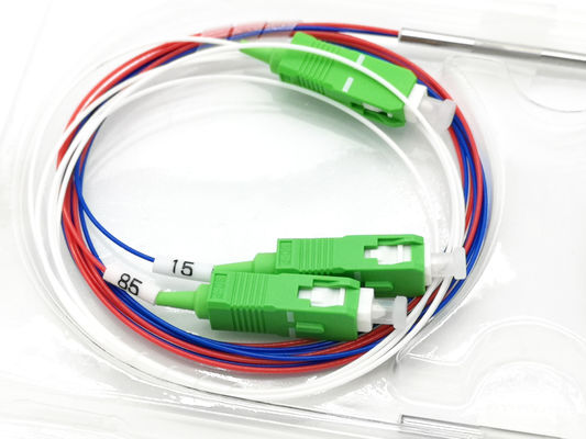 comprar SC APC Acoplador de fibra óptica 1*2 FBT 15%:85% Color rojo azul para WDM T1550 R1310/1490 FWDM Fabricación en línea