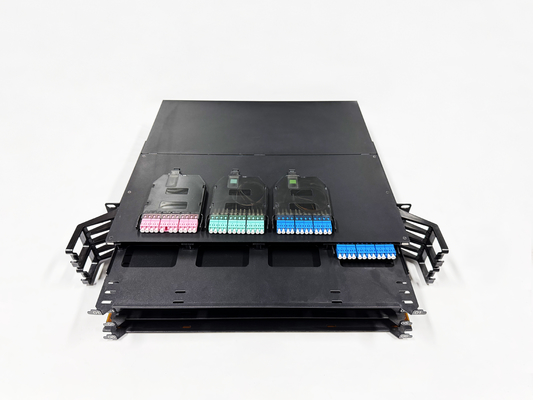Alta densidad 2U 19 pulgadas 144 núcleo para MPO a LC MTP descarga diapositiva panel de parche de fibra óptica MPO Rack Data Center Solución