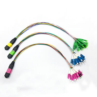 Cable de conexión de fibra óptica con varios modos de funcionamiento de 12 núcleos MPO-LC de 0,9 mm para casetes MPO y gabinetes modulares